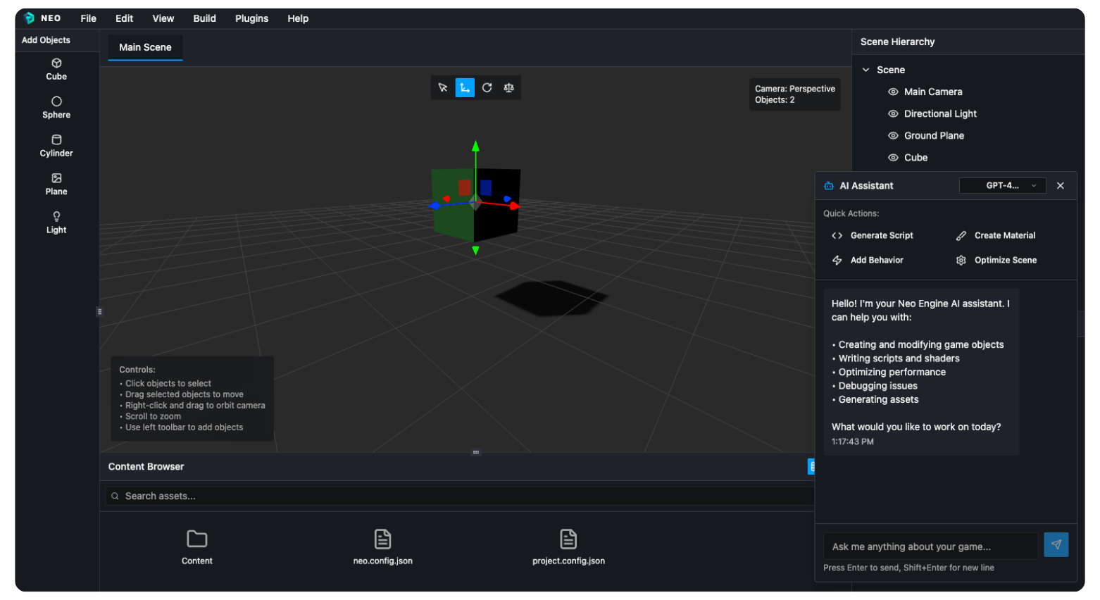 The NEO editor: a scene with a cube, the scene hierarchy and the AI assistant